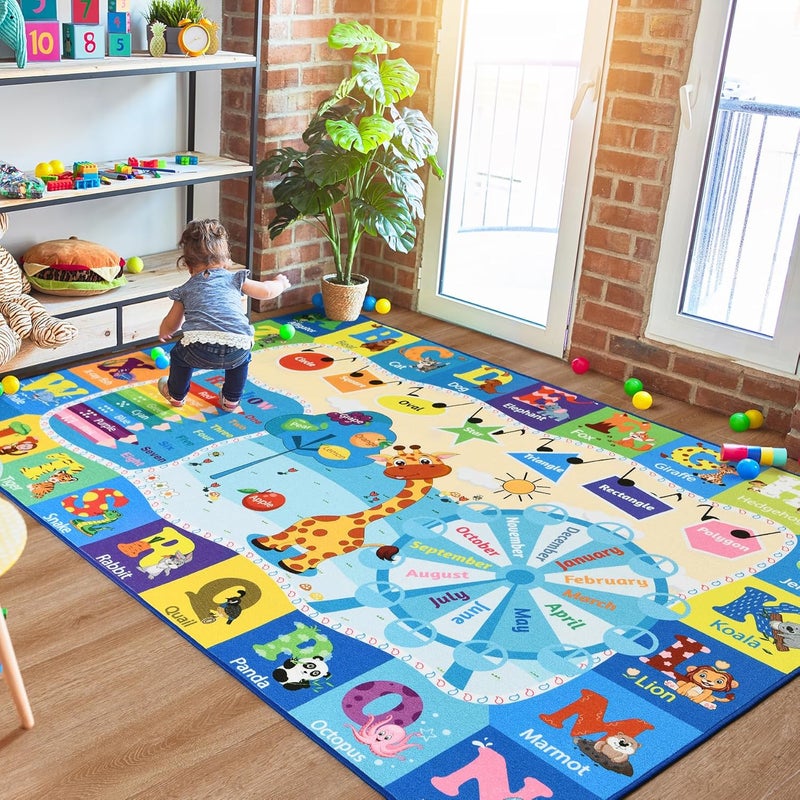 B BENRON Kids Rugs for Playroom Washable, Educational and Fun Learning Rugs with ABC Alphabet Animals Shapes, Baby Toddler Children's Play Mat for Bedroom Classroom Nursery, 5x7 Feet, Blue - Image 5
